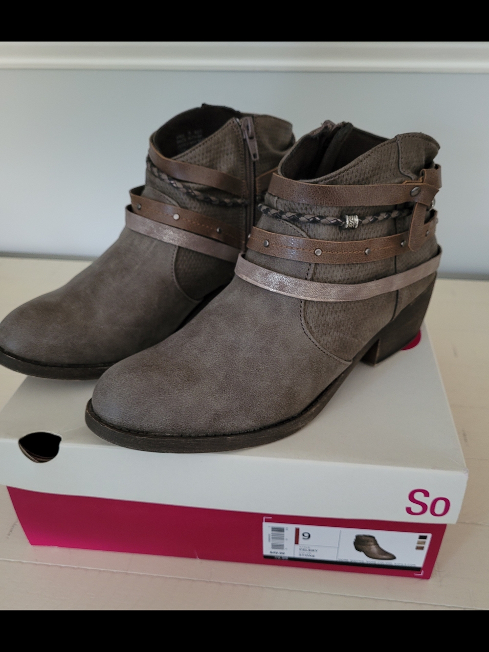 SO Women's Taupe Ankle Boots with Decorative Straps